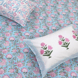 Pink Florals on Blue  |  300TC Mercerized Cotton Bedsheet