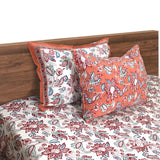 Blue, Red, Peach flowers on White |hand block printed bedsheet| Double bed ,Queen size | 210 TC Pure Cotton| Complementing pillow covers