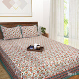 Orange, Red and Green florals on White |hand block printed bedsheet| Double bed ,Queen size | 210 TC Pure Cotton| Complementing pillow covers