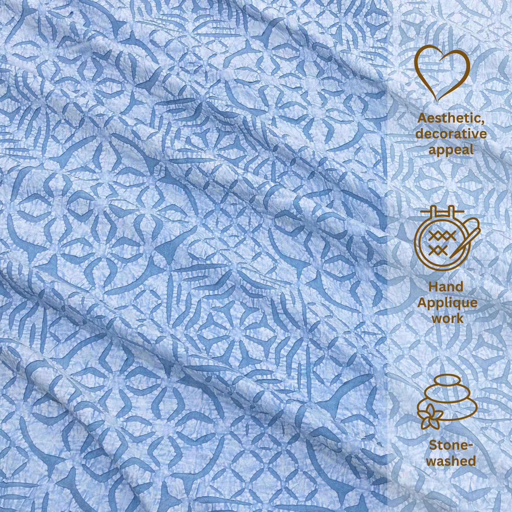 Bikaneri Applique| Blue Shades Stonewashed| Bedcover