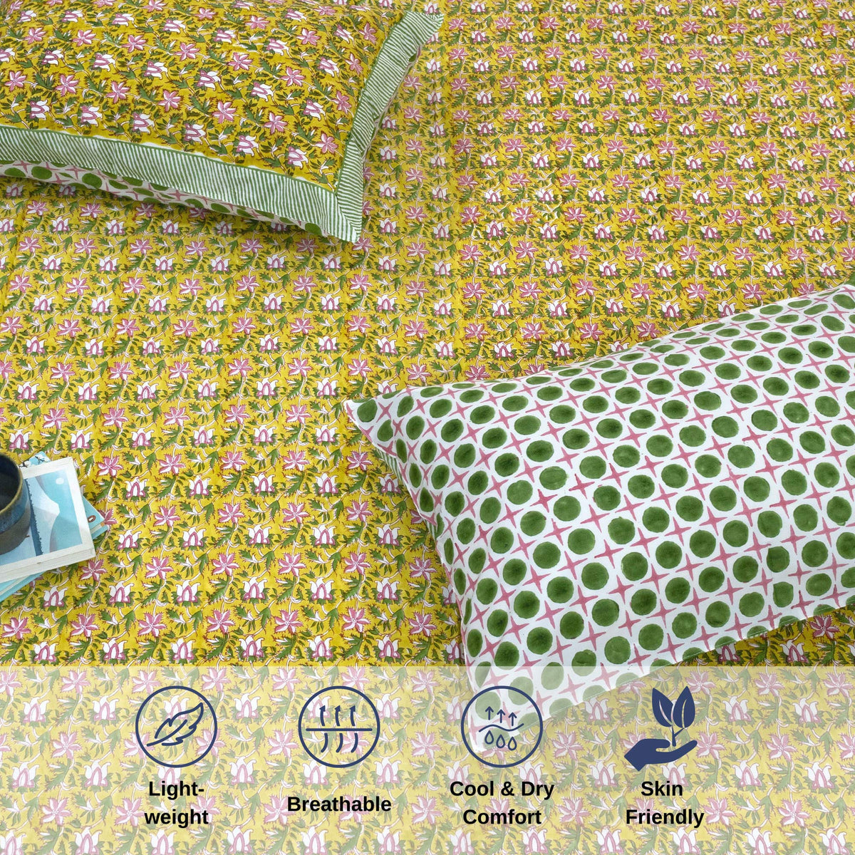 Pink Floral Pond | All- Season Bedding Set | Long Staple Fiber Bedsheet , Pillow Covers, Dohar