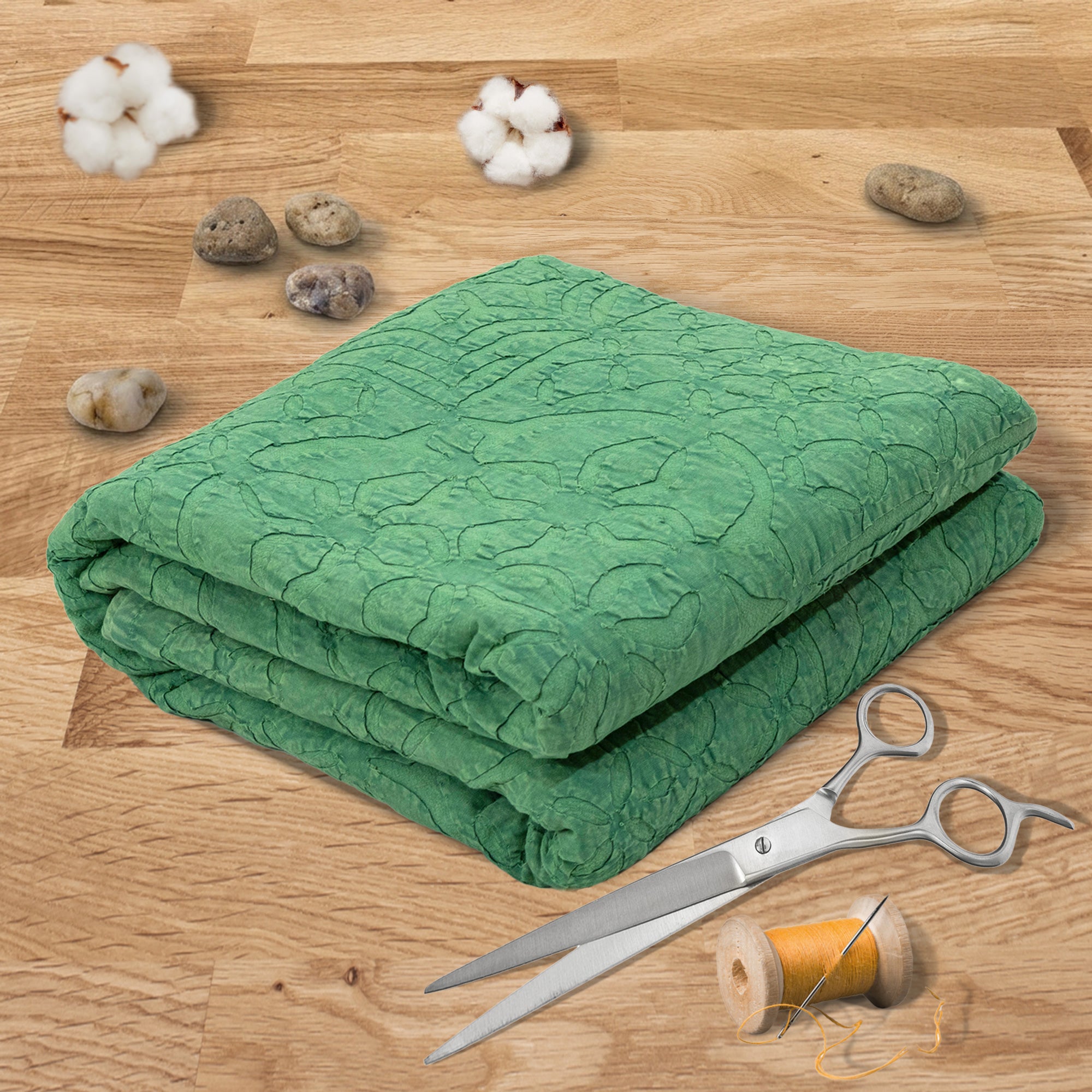 Bikaneri Applique| Jungle Green Stonewashed| Bedcover