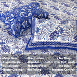 Royal Blue, Purple Florals on White |hand block printed bedsheet| Double bed ,Queen size | 210 TC Pure Cotton| Complementing pillow covers