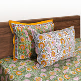 Yellow Pink Florals on Green | 210TC Pure Cotton  Bedsheet