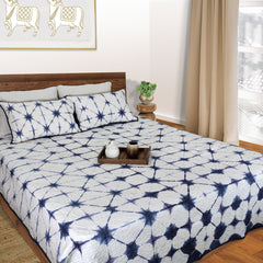 Indigo Geometry| Quilted Bed cover |Shibori, Tie-&-Die|Double Bed- Queen Size| Premium Mulmul Cotton| Organic Cotton Sheet Filling |Complementing pillow covers