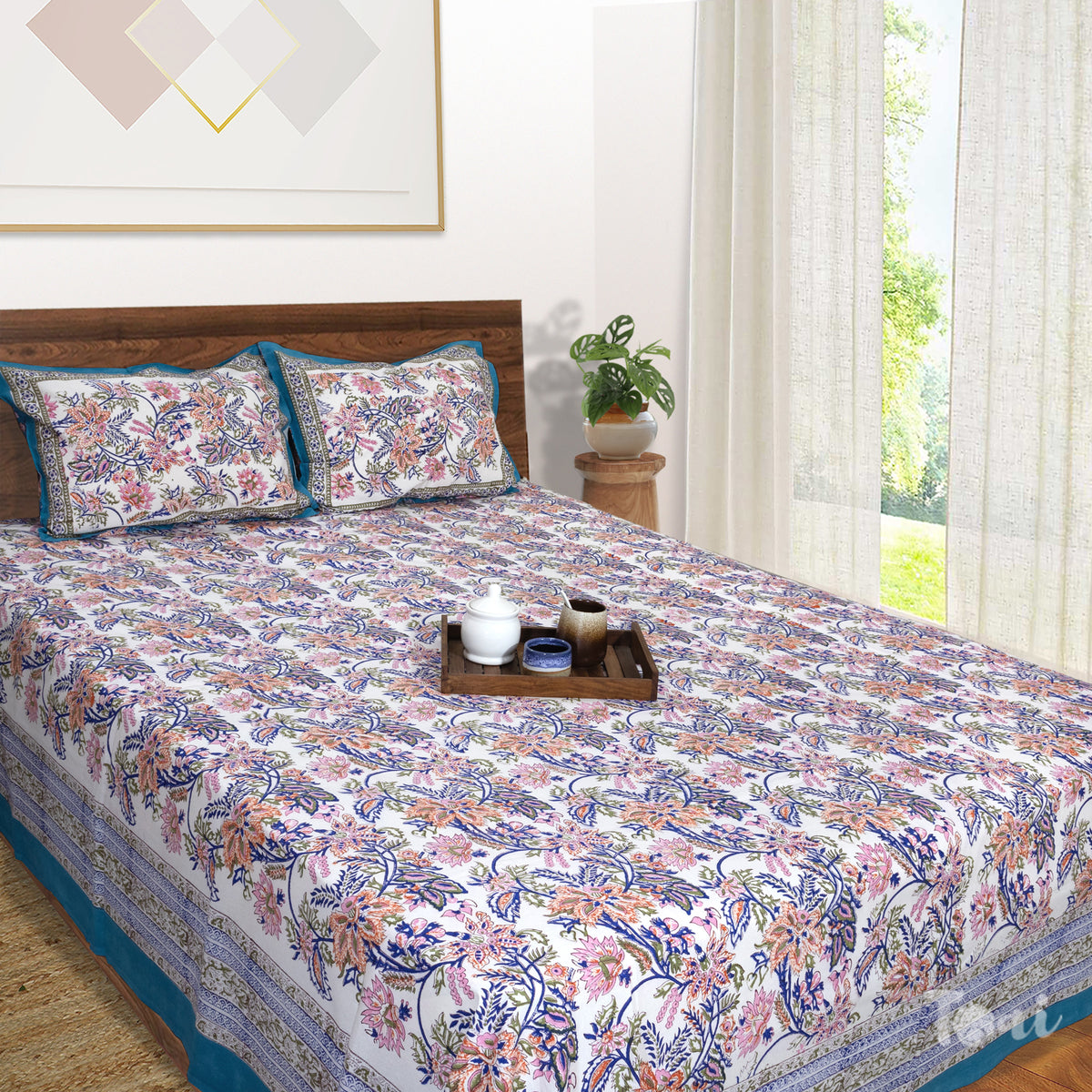 Blue , Purple, Pink flowers on White |hand block printed bedsheet| Double bed ,Queen size | 210 TC Pure Cotton| Complementing pillow covers