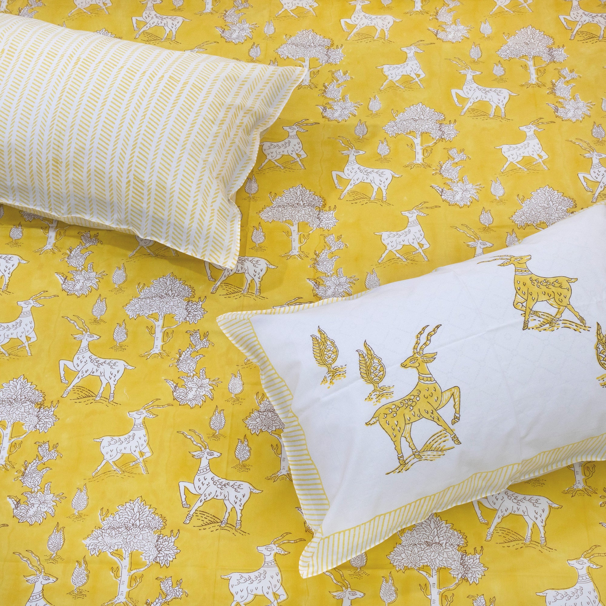 Yellow Deer Kalamkari | Premium Bedsheet