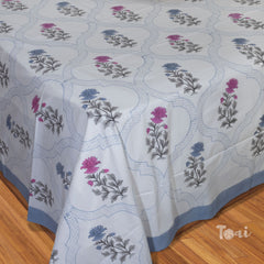 Blue Pink Flowers On Blue Jaal |hand block printed bedsheet| Double bed: Queen size, King Size | 300 TC Premium Pure Cotton| Complementing pillow covers
