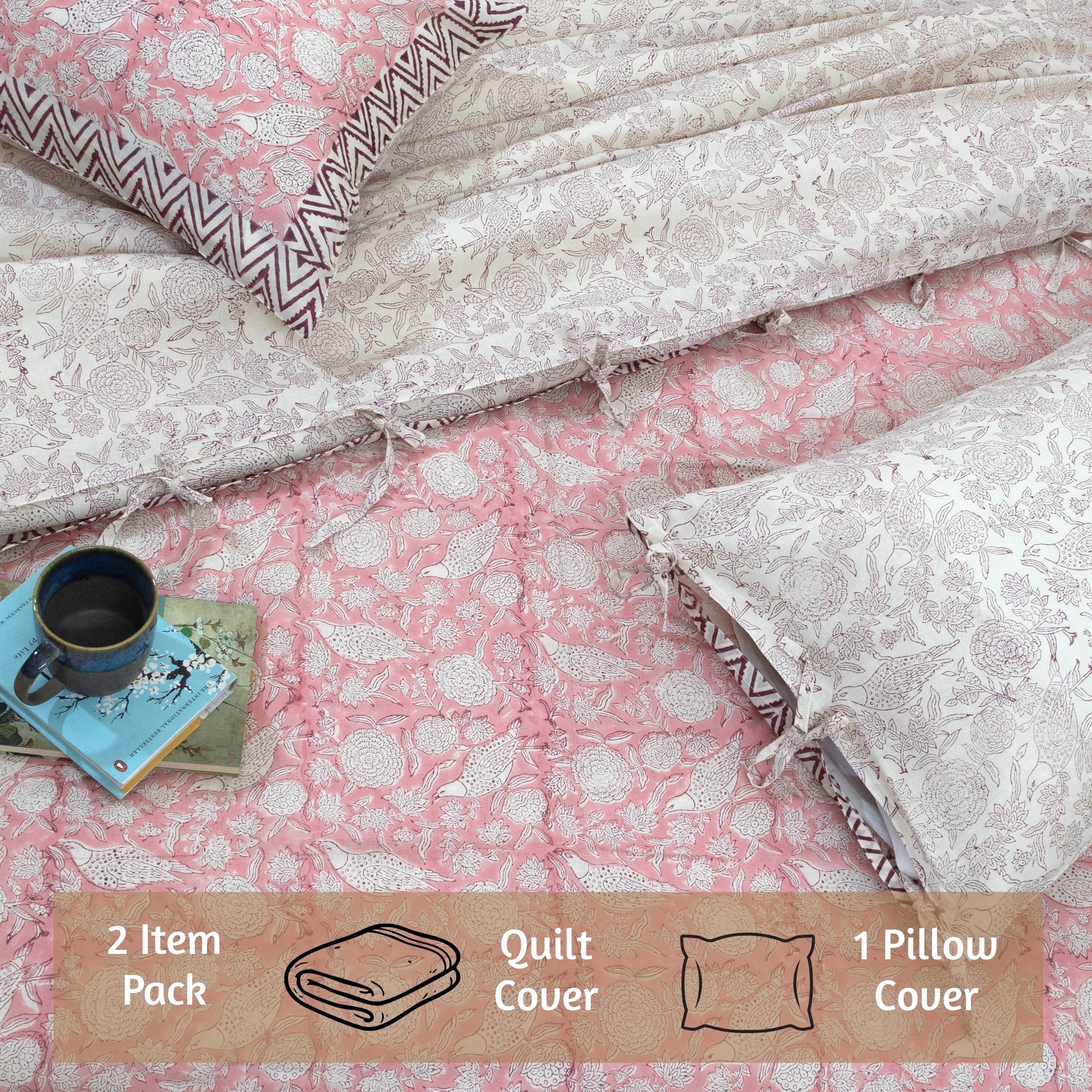 Pink Bird Kalamkari | Quilt Duvet Cover with Pillow Covers