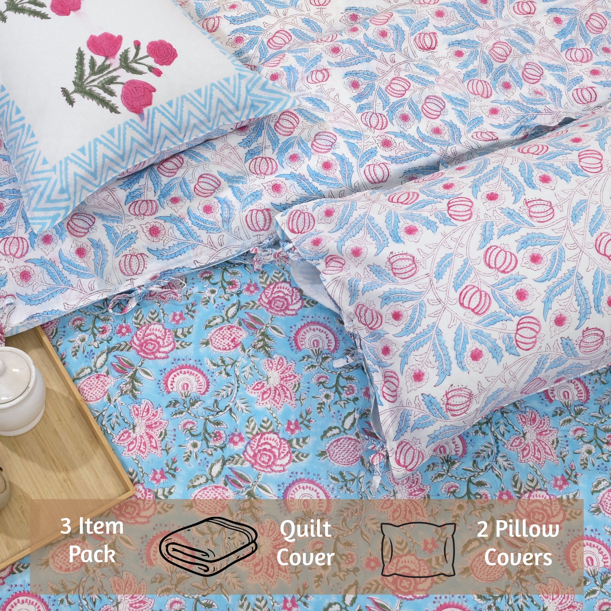 Pink Florals on Blue | Quilt Duvet Cover with Pillow Covers