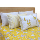 Yellow Deer Kalamkari Bedding Set | 300TC Bedsheet | 2 Pillow Covers | Mulmul Cotton Dohar
