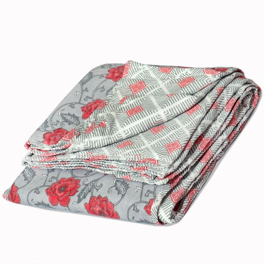 Red Rose on Grey | Jaipuri Screen printed| Single Dohar | Premium Mulmul Cotton | Reversible