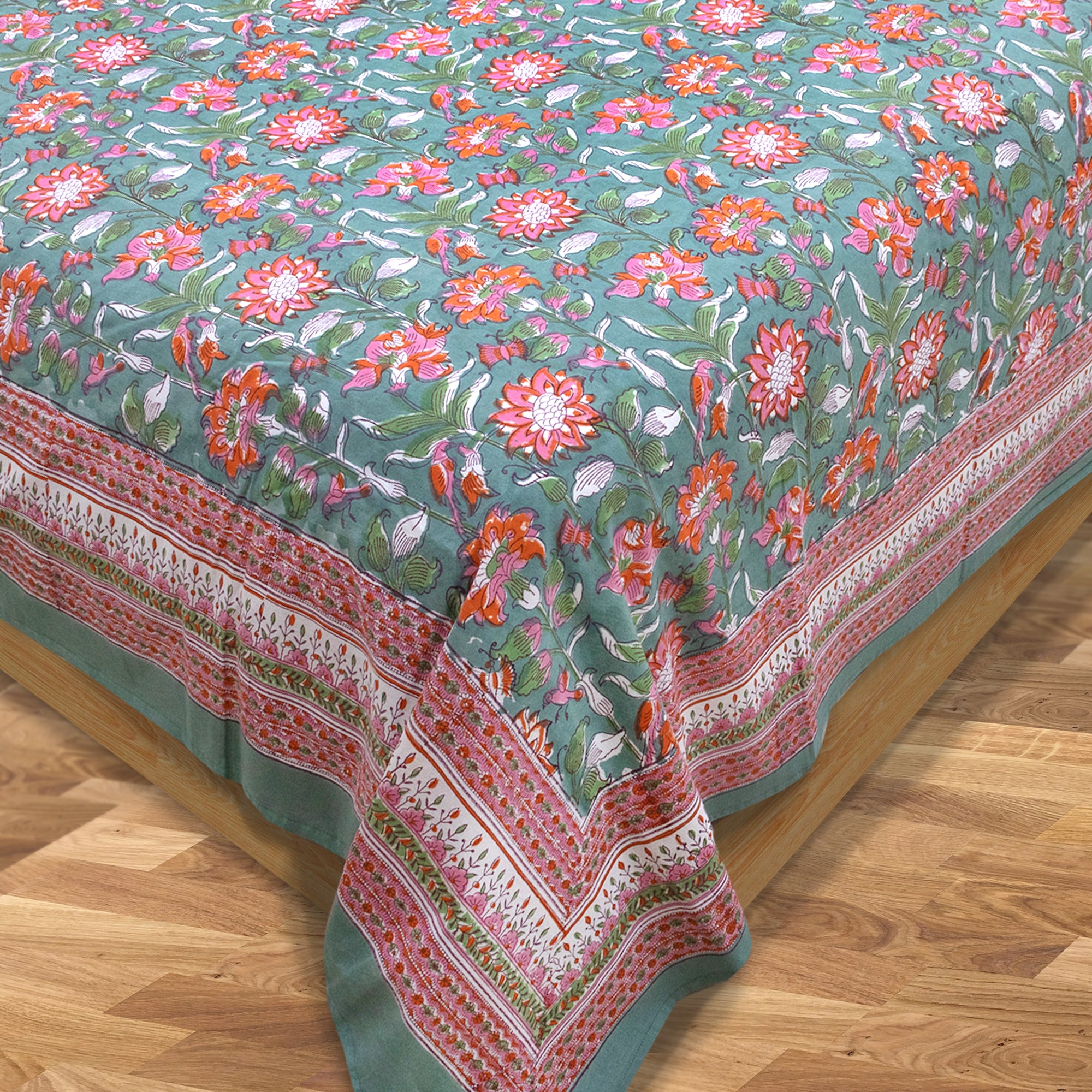 Pink Florals on Deep Green | Fine Quality Bedsheet