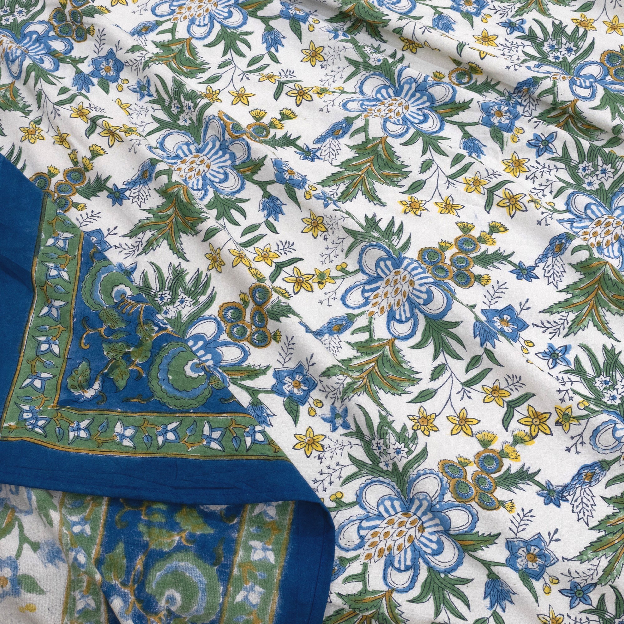 Blue Green Motives On White  | Fine Quality Bedsheet