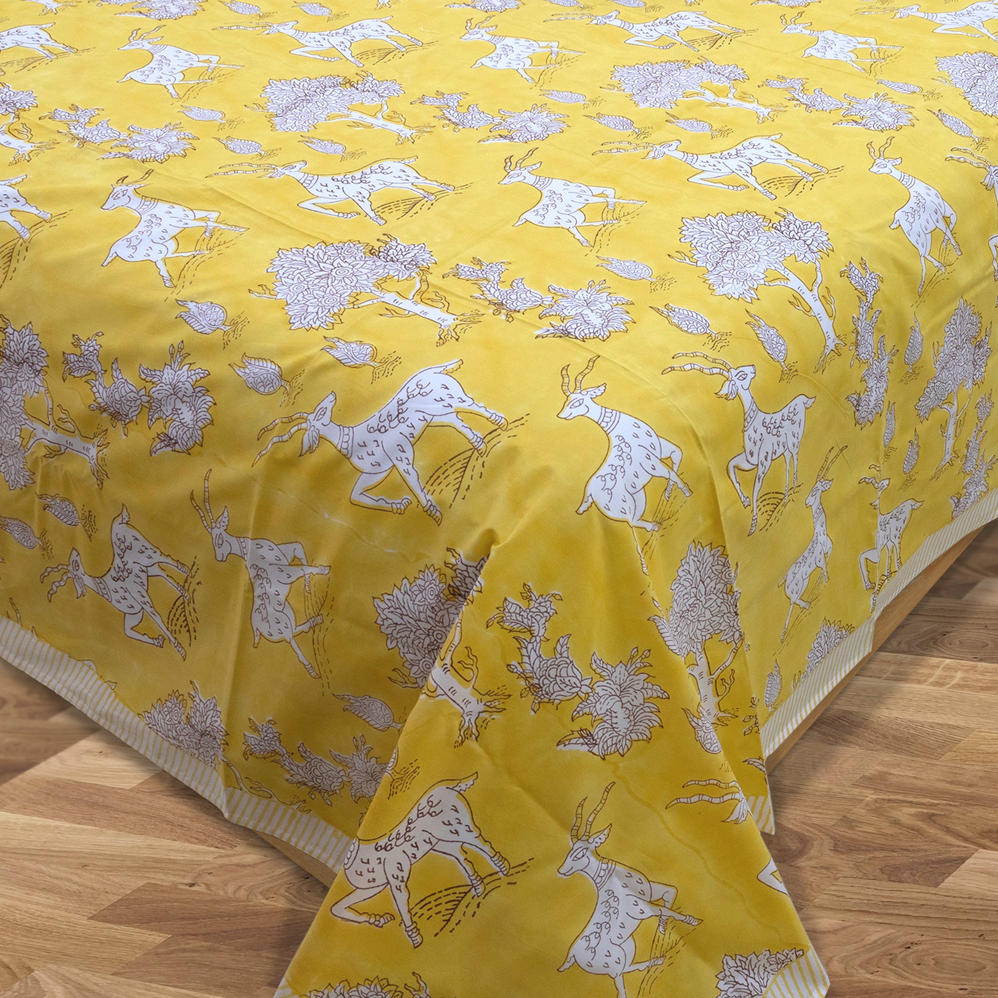Yellow Deer Kalamkari | Premium Bedsheet