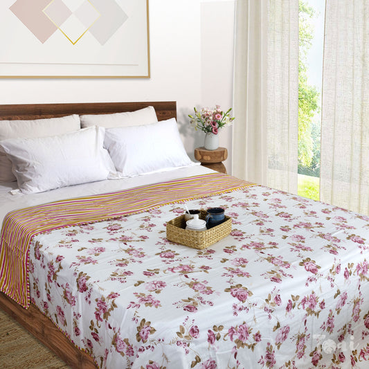 Roses On White| Jaipuri Screen printed| Double Dohar | Premium Mulmul Cotton | Reversible
