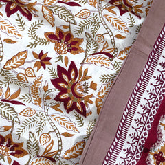 Rust Maroon florals on White |hand block printed bedsheet| Double bed ,Queen size | 210 TC Pure Cotton| Complementing pillow covers