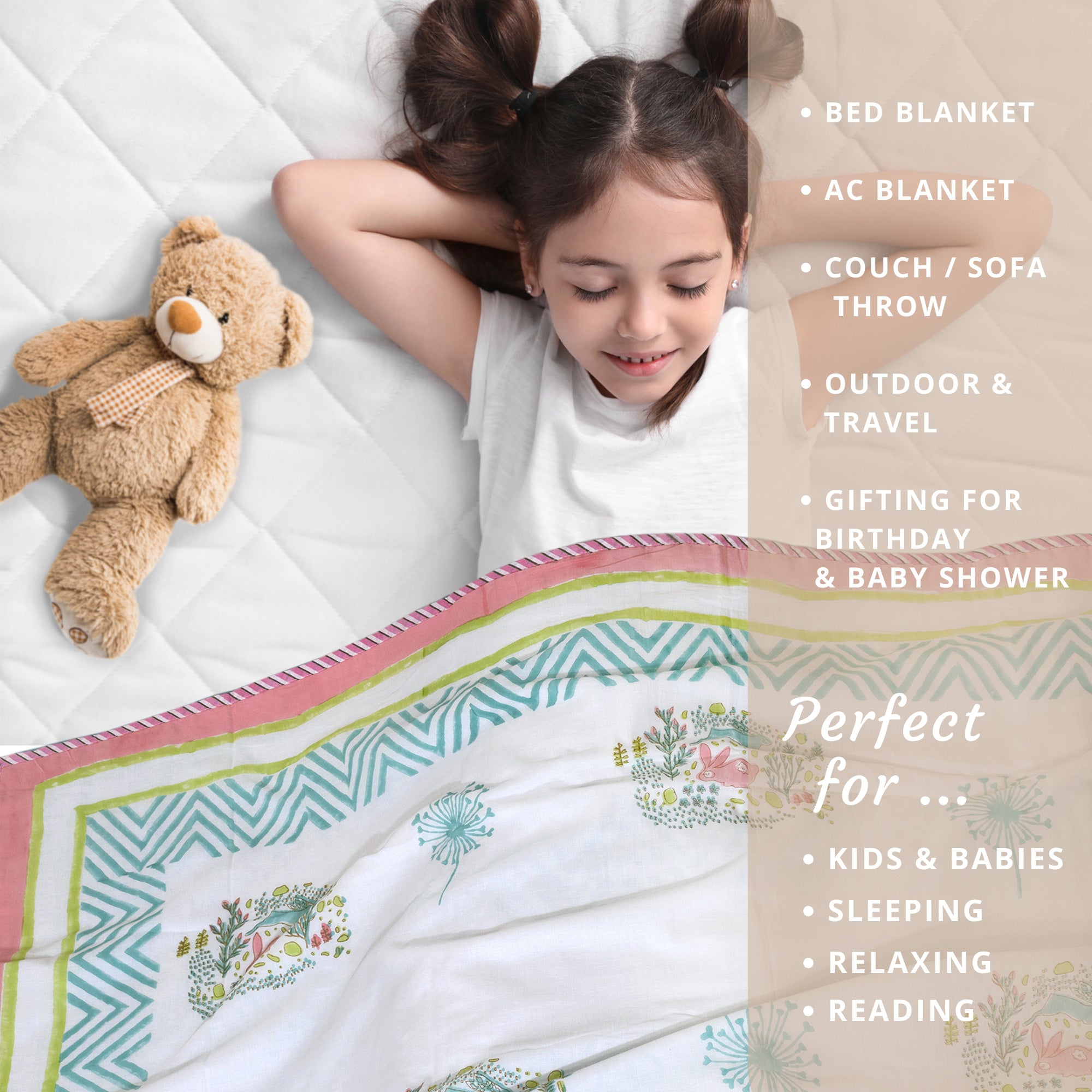 Bunny White Green Pink | Dohar | Summer Blanket