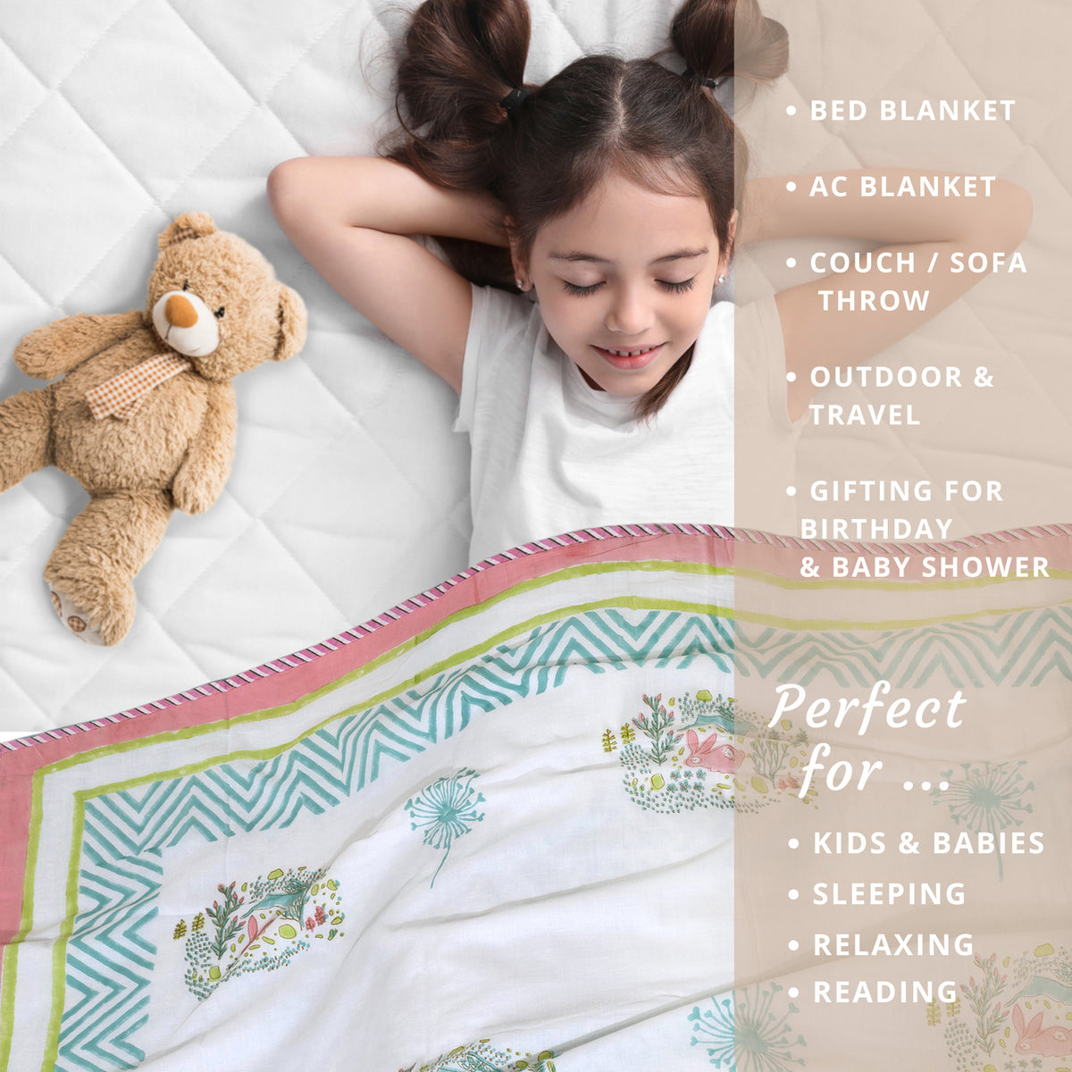 Bunny White Green Pink | Dohar | Summer Blanket