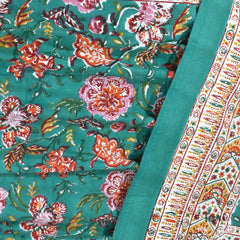 Pink Orange Flowers on Deep Green |hand block printed bedsheet| Double bed ,King size | 210 TC Pure Cotton| Complementing pillow covers