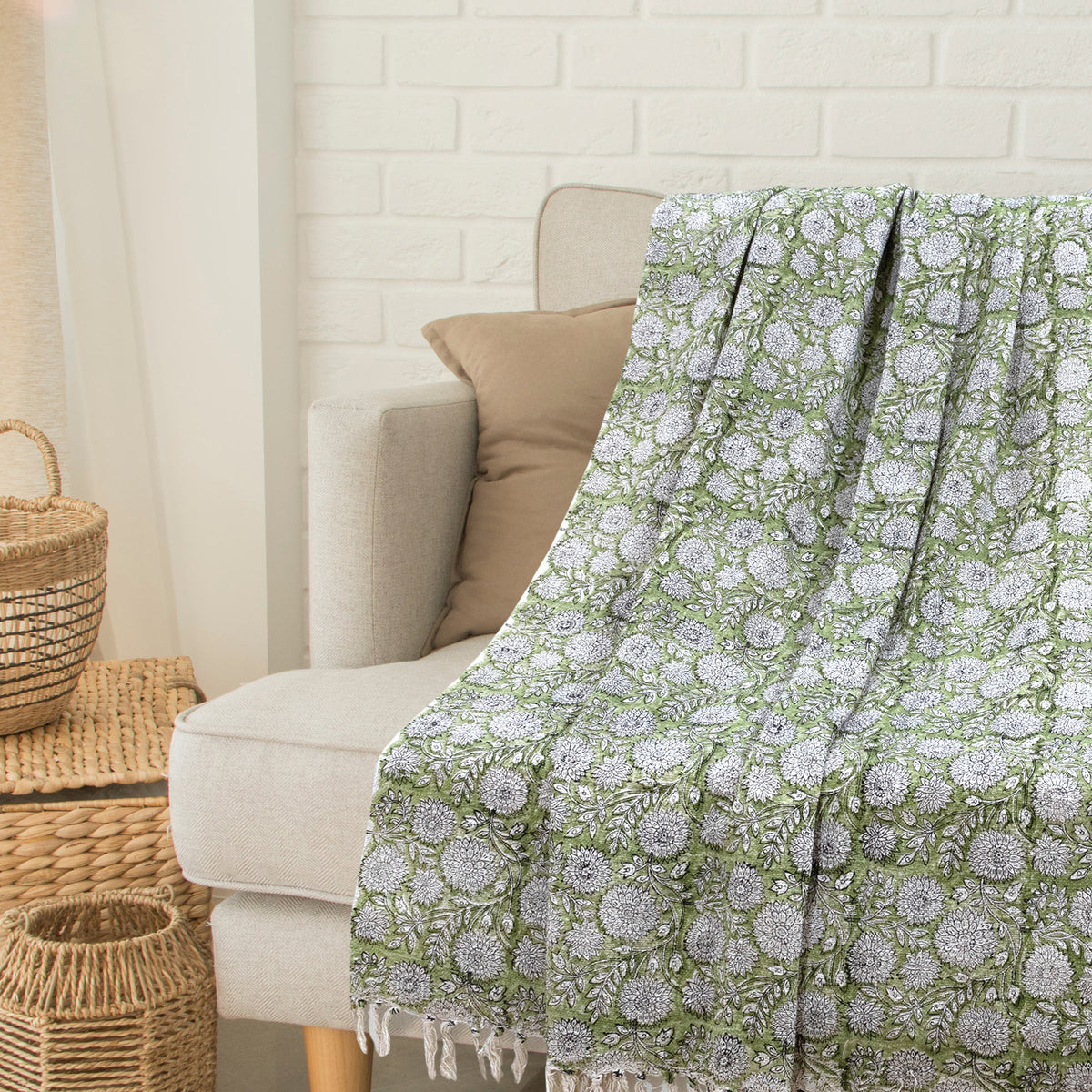 Florals on Light Green | MultiColor Florals | Woven Sofa Throw