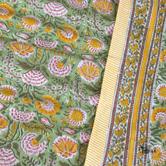 Yellow Pink Florals on Green | 210TC Pure Cotton