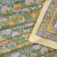 Yellow Pink Florals on Green | 210TC Pure Cotton