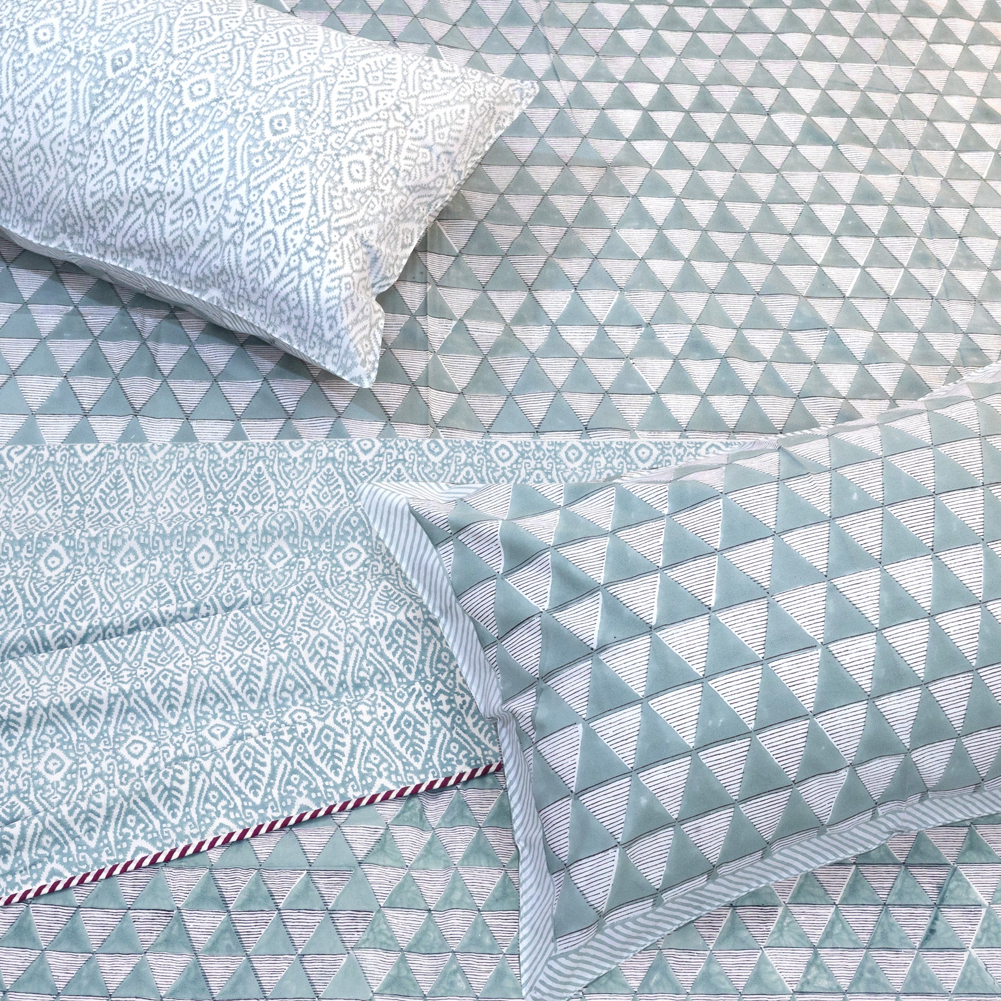 Cement Green Triangles | All- Season Bedding Set | Premium Bedsheet , Pillow Covers, Dohar