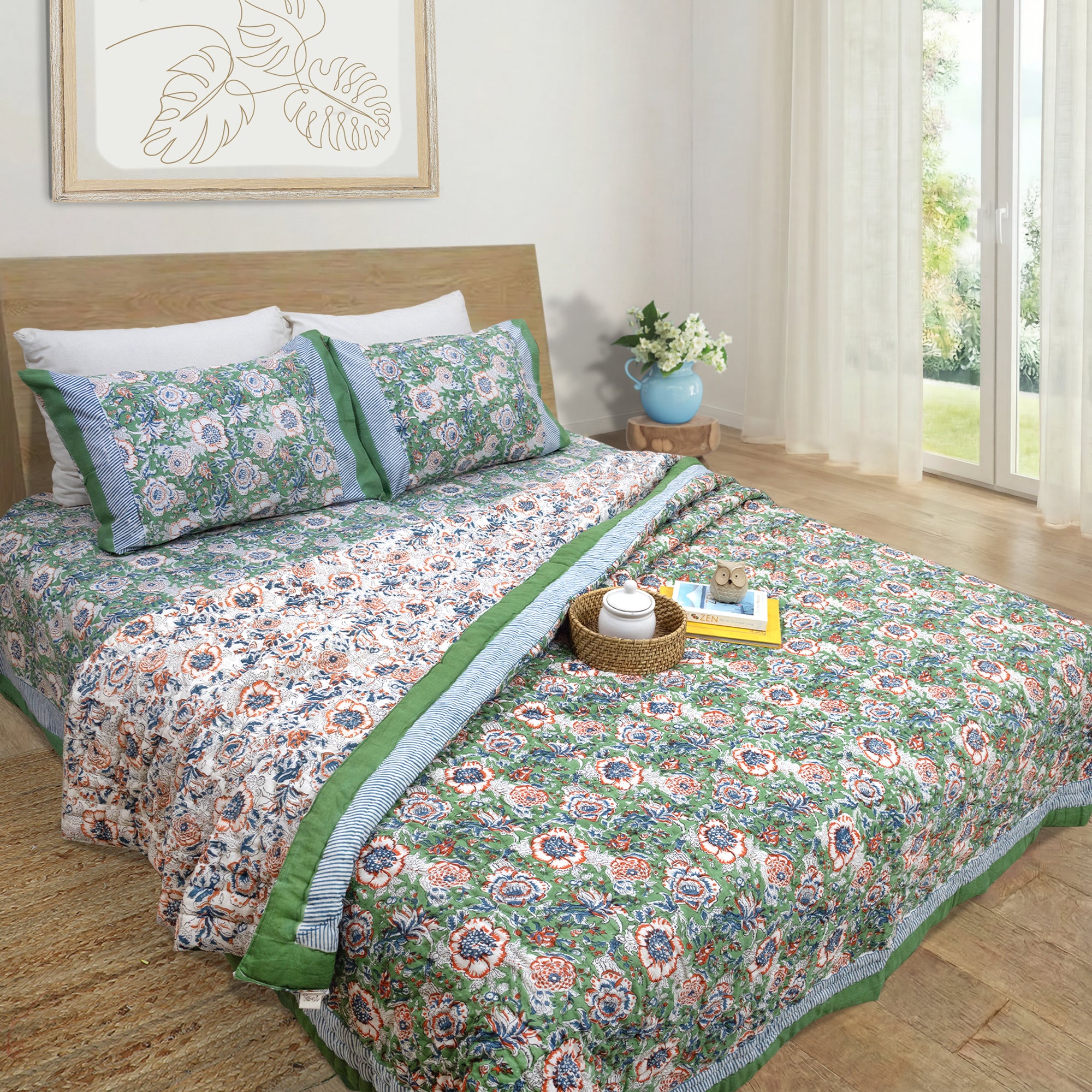 Messy Garden| Comforter Bedding Set | Premium Bedsheet , Pillow Covers, Quilt / Razai