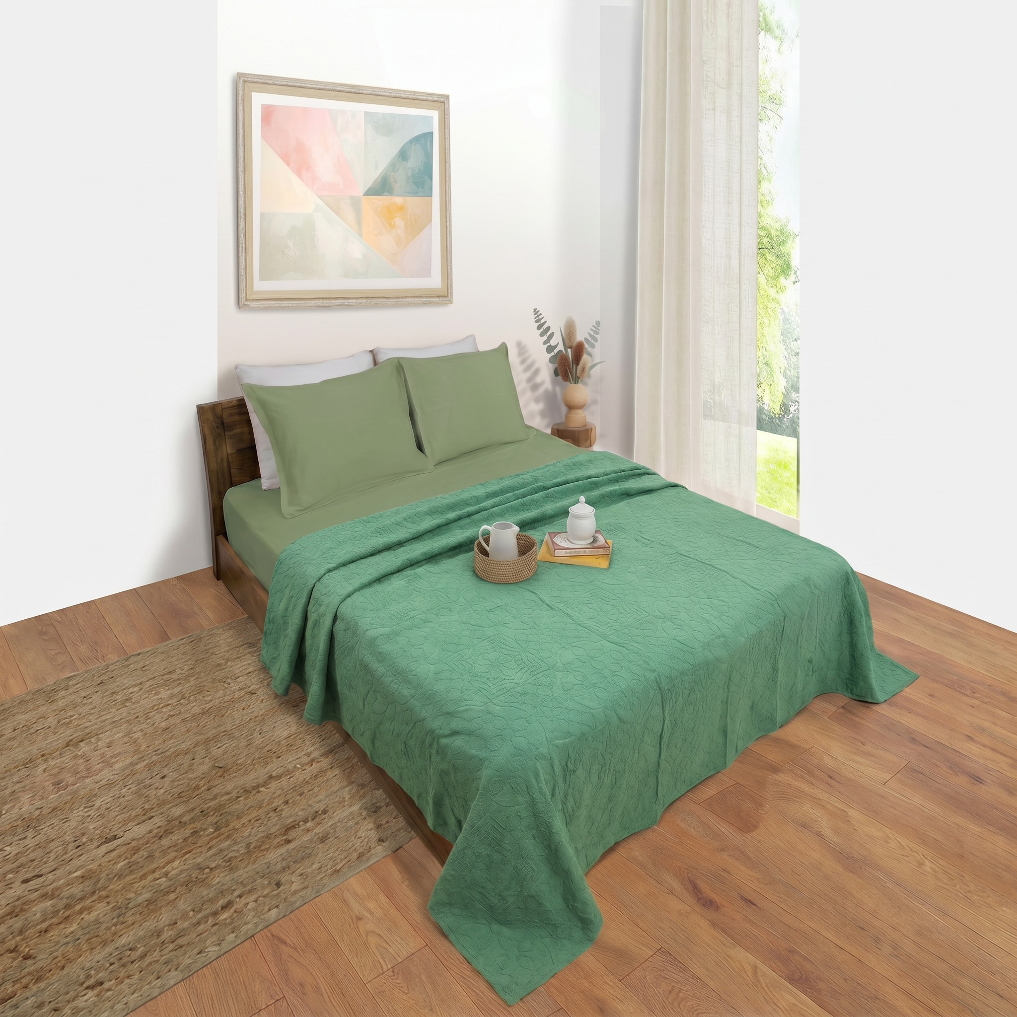 Green Applique | All- Season Bedding Set | Premium Fitted Sheet , Pillow Covers, Applique Bedcover