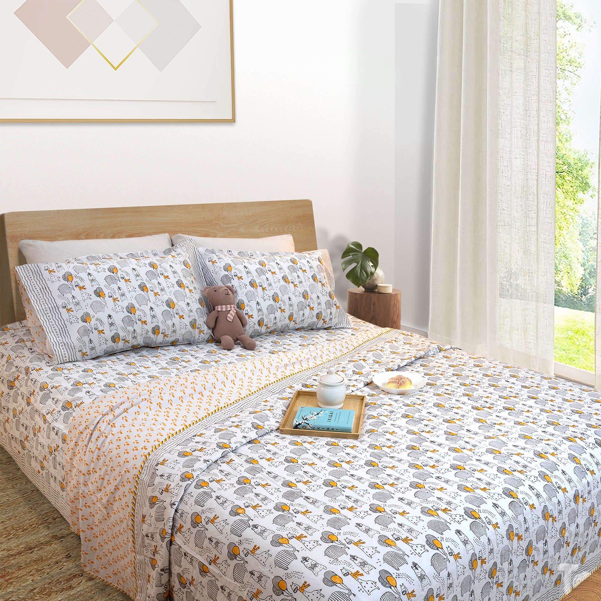 Grey Cartoon |  All- Season Bedding Set | Premium Bedsheet , Pillow Covers, Dohar