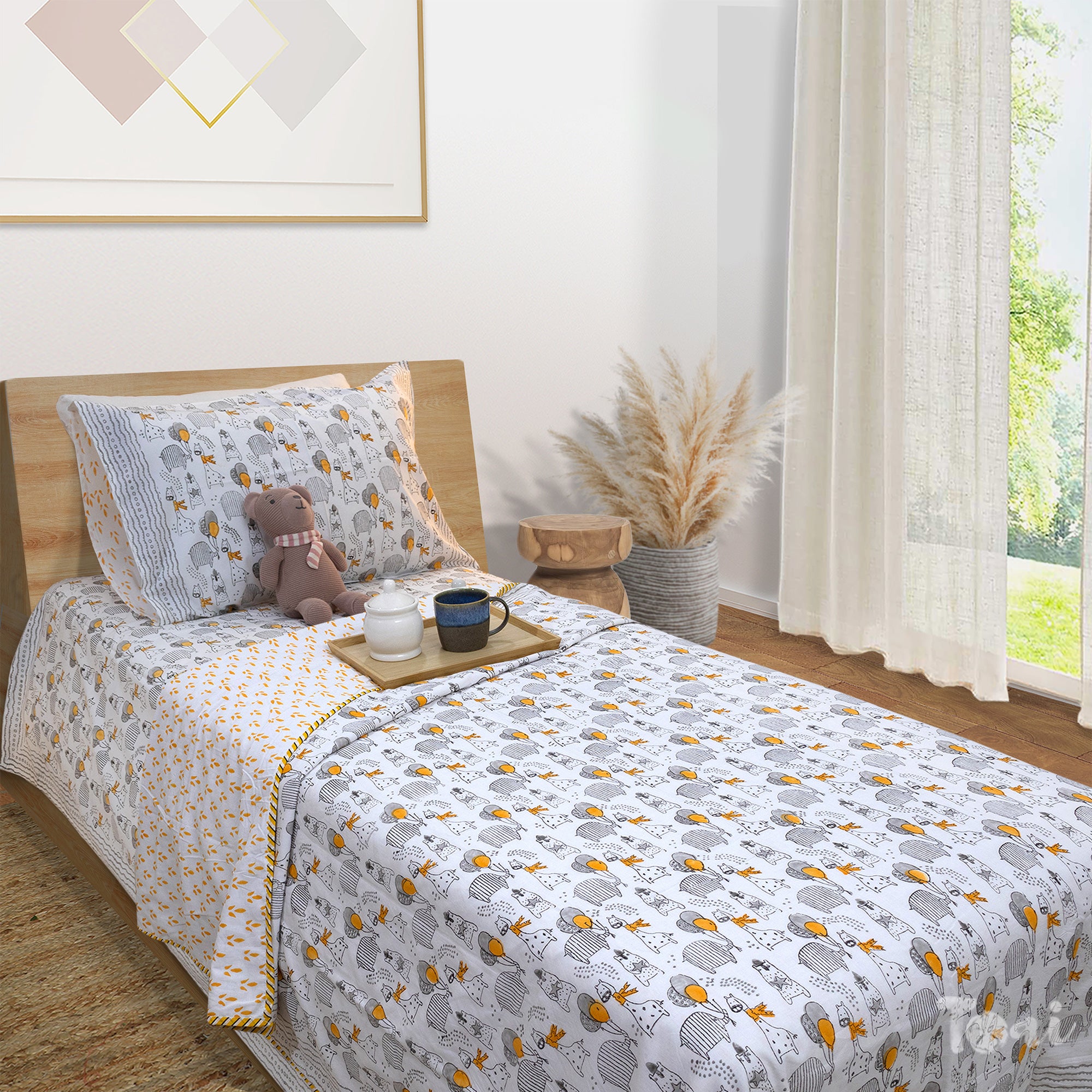 Grey Cartoon |  All- Season Bedding Set | Premium Bedsheet , Pillow Covers, Dohar