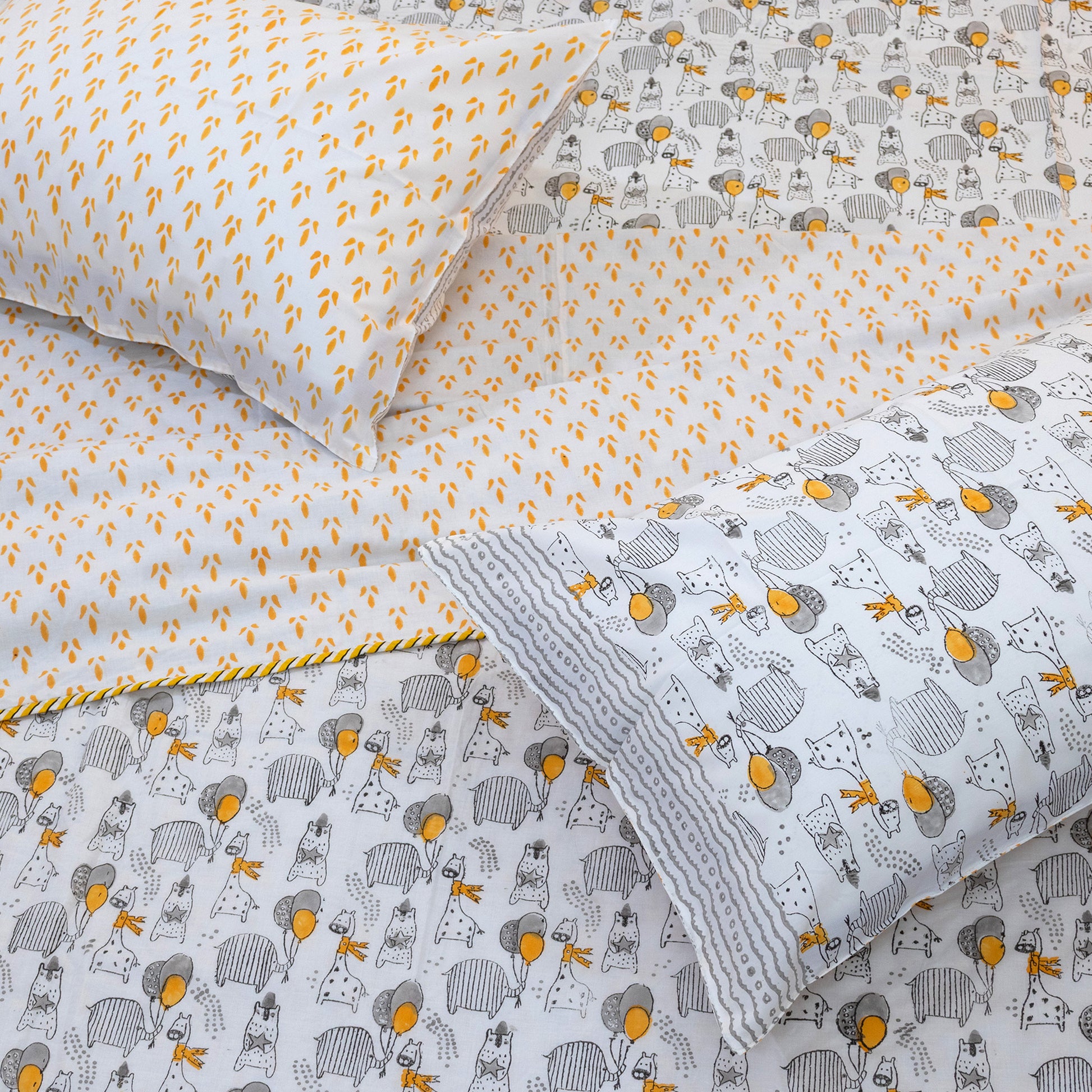 Grey Cartoon -All season Bedsheet with Pillows 