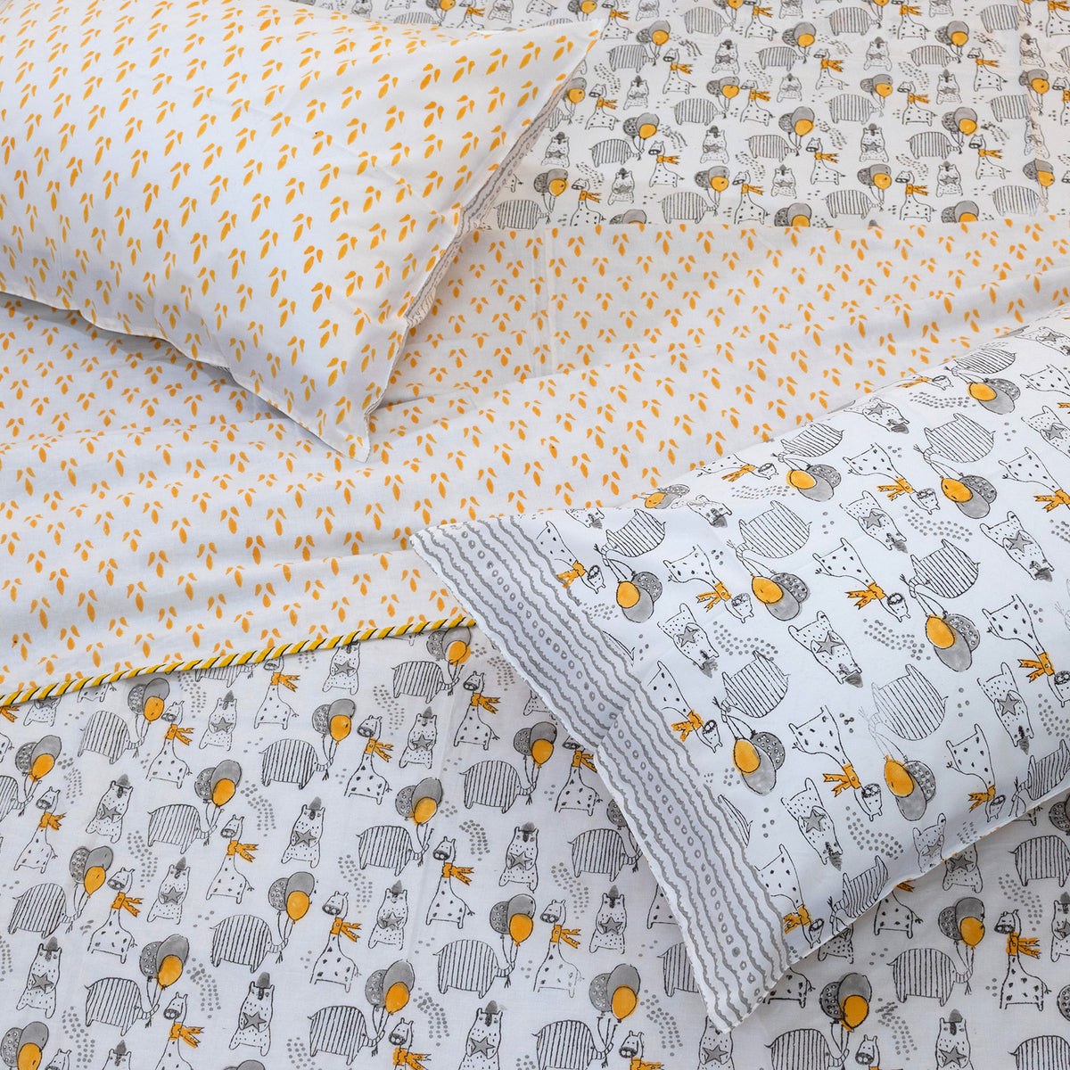 Grey Cartoon |  All- Season Bedding Set | Premium Bedsheet , Pillow Covers, Dohar