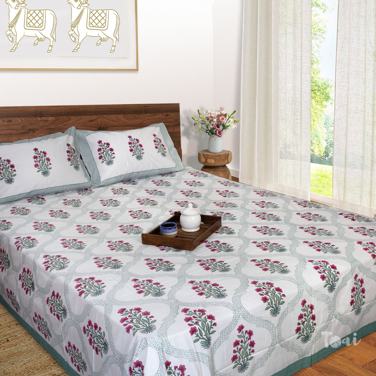 Pink and Green Jaal |hand block printed bedsheet| Double bed: Queen size, King Size | 300 TC Premium Pure Cotton| Complementing pillow covers
