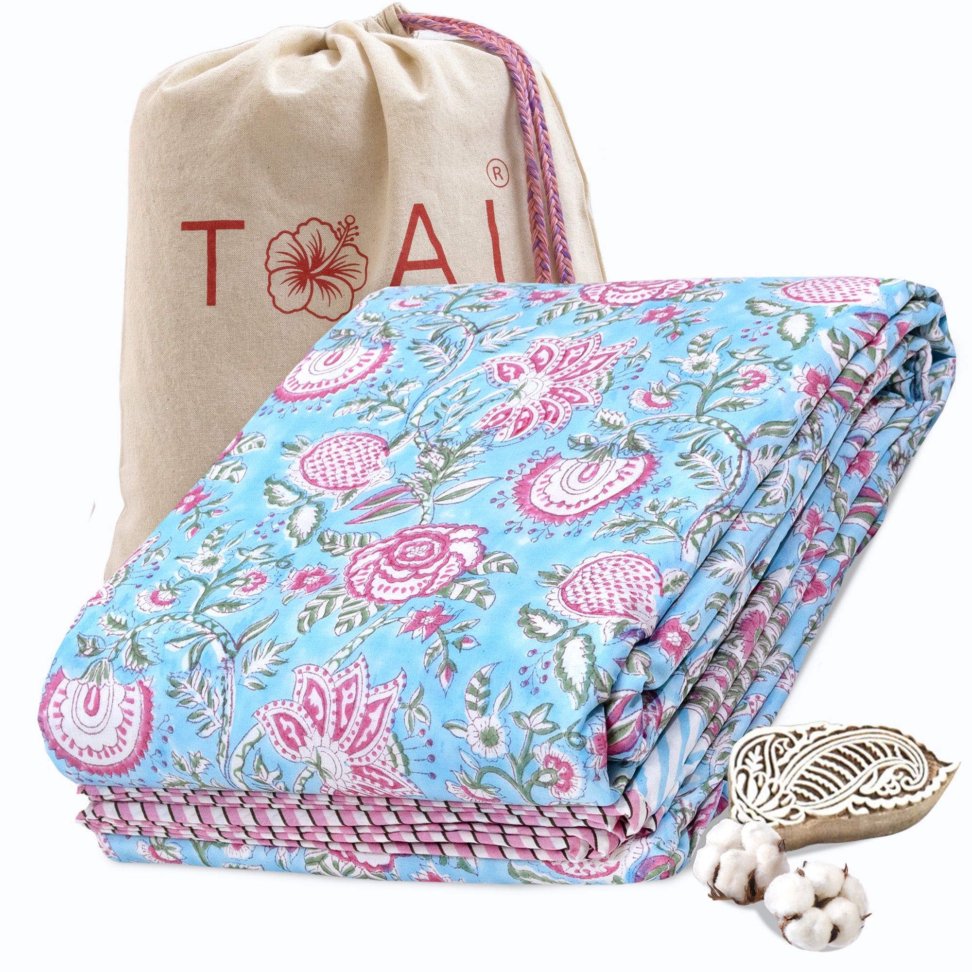 Pink Florals on Blue   | Dohar | Summer Blanket