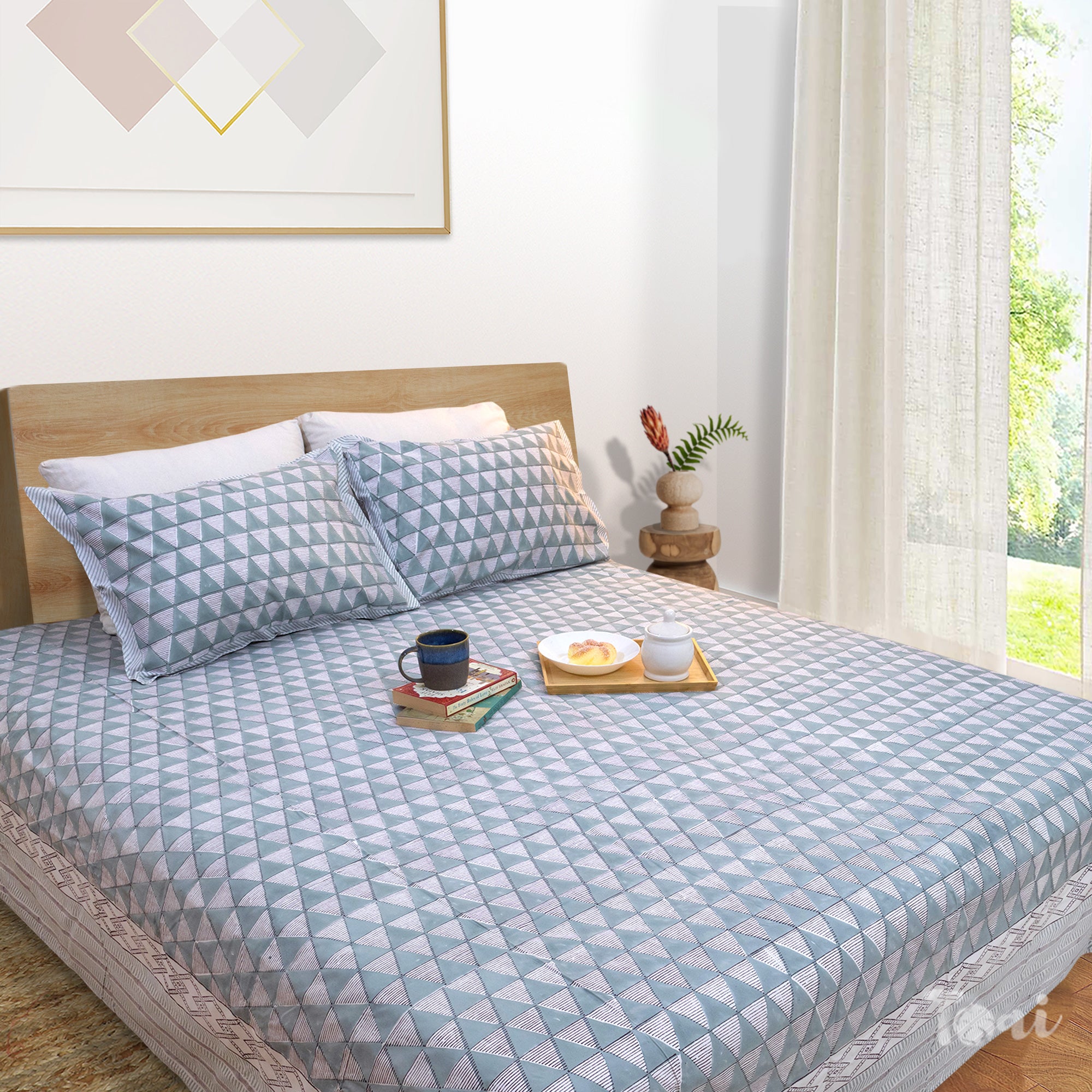 Cement Green Triangles | All- Season Bedding Set | Premium Bedsheet , Pillow Covers, Dohar