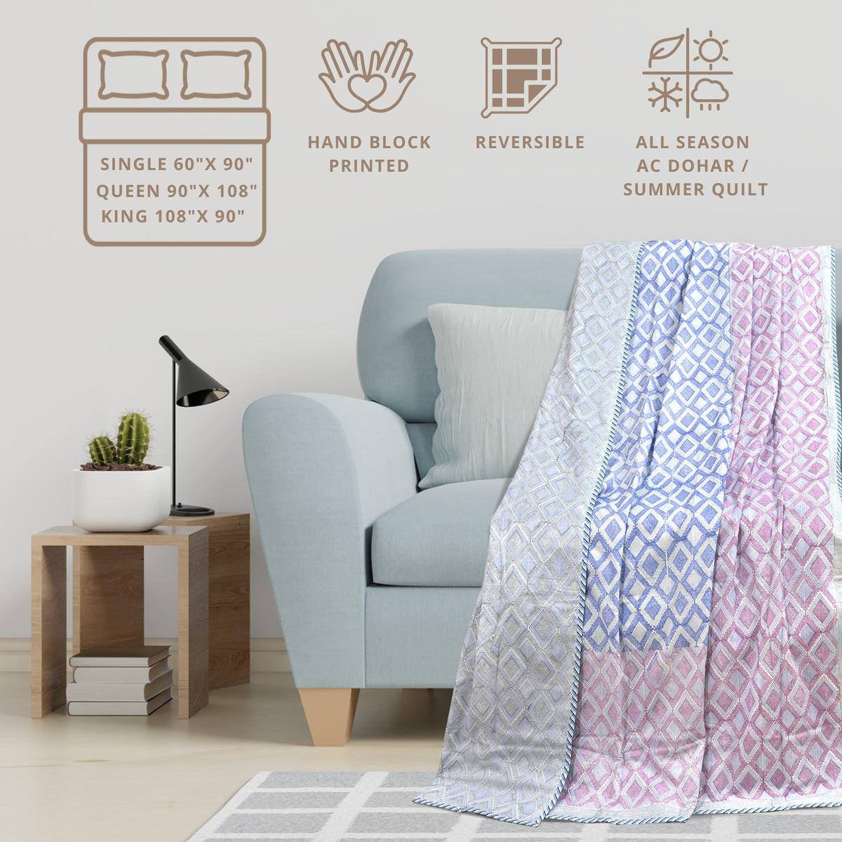 Vintage Lines Checks (Blue, Pink) | Dohar | Summer Blanket