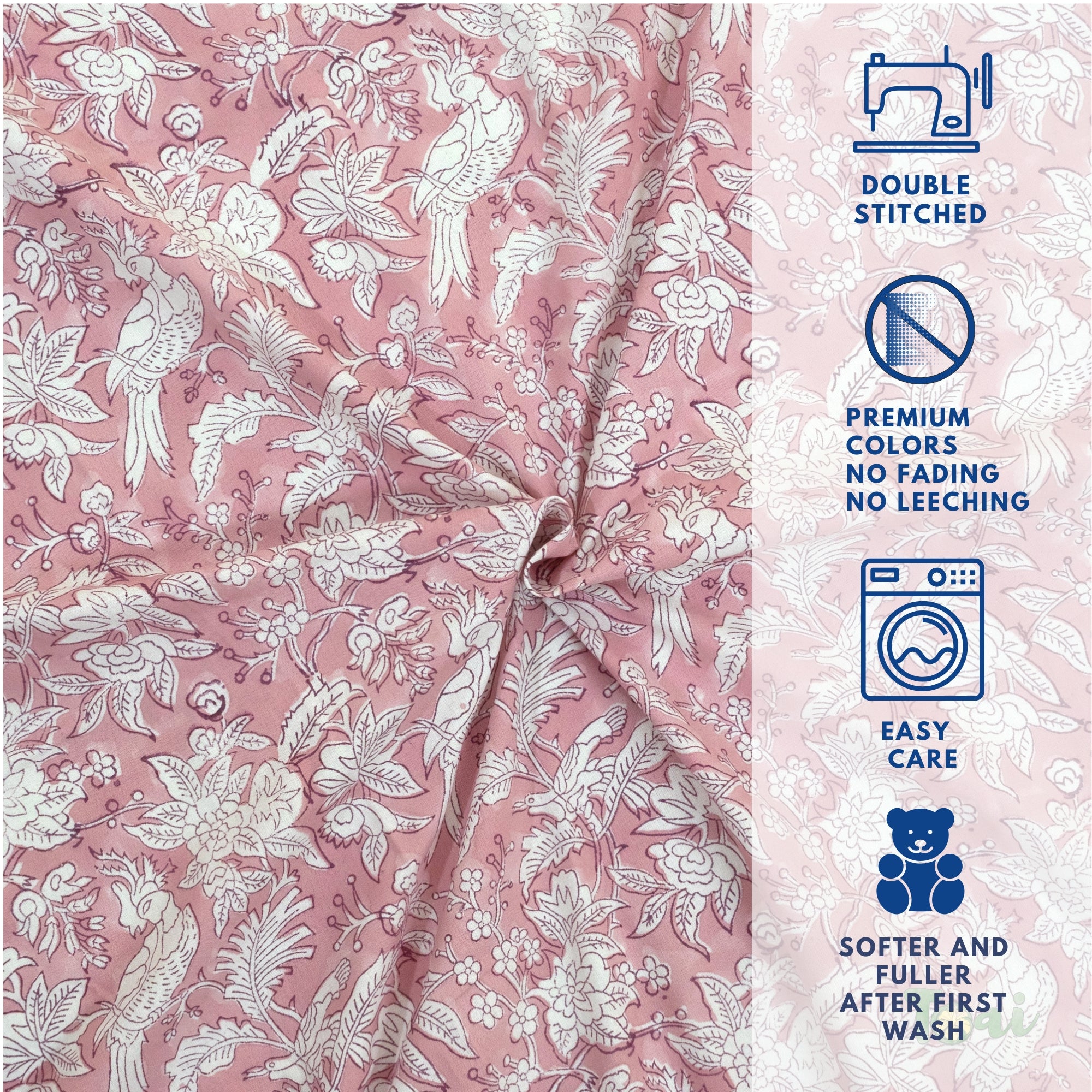 Pink Bird Kalamkari  - 250TC Pure Cotto