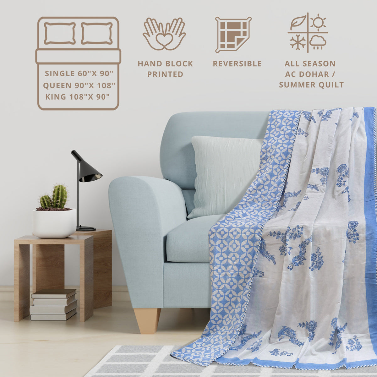 Blue Kalamkari Bird | Dohar | Summer Blanket
