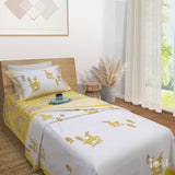 Yellow Deer Kalamkari Bedding Set | 300TC Bedsheet | 2 Pillow Covers | Mulmul Cotton Dohar