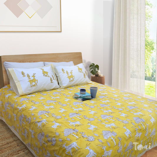 Yellow Deer Kalamkari | 300TC Mercerized Cotton Bedsheet