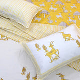 Yellow Deer Kalamkari Bedding Set | 300TC Bedsheet | 2 Pillow Covers | Mulmul Cotton Dohar