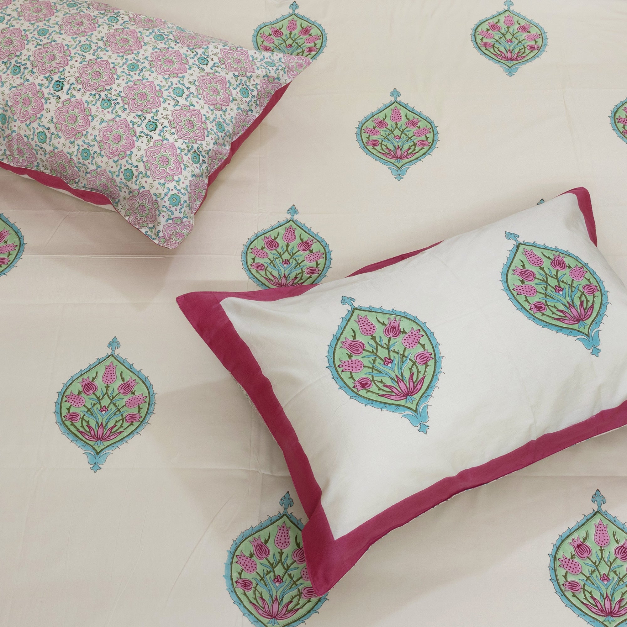 Pink Blue Paan on Beige | Premium Bedsheet