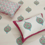 Pink Blue Paan on Beige | 300TC Mercerized Cotton Bedsheet
