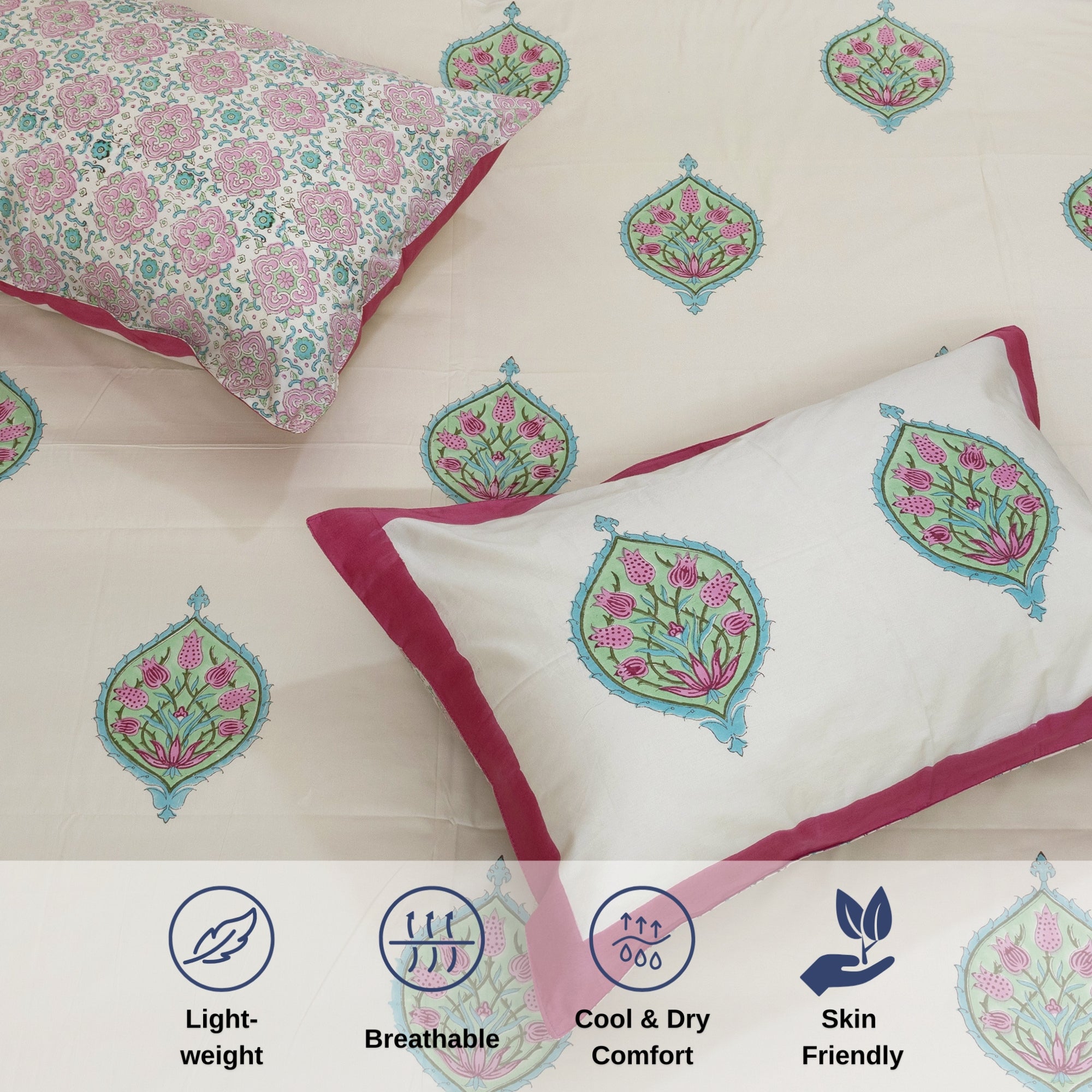 Pink Blue Paan on Beige | Premium Bedsheet