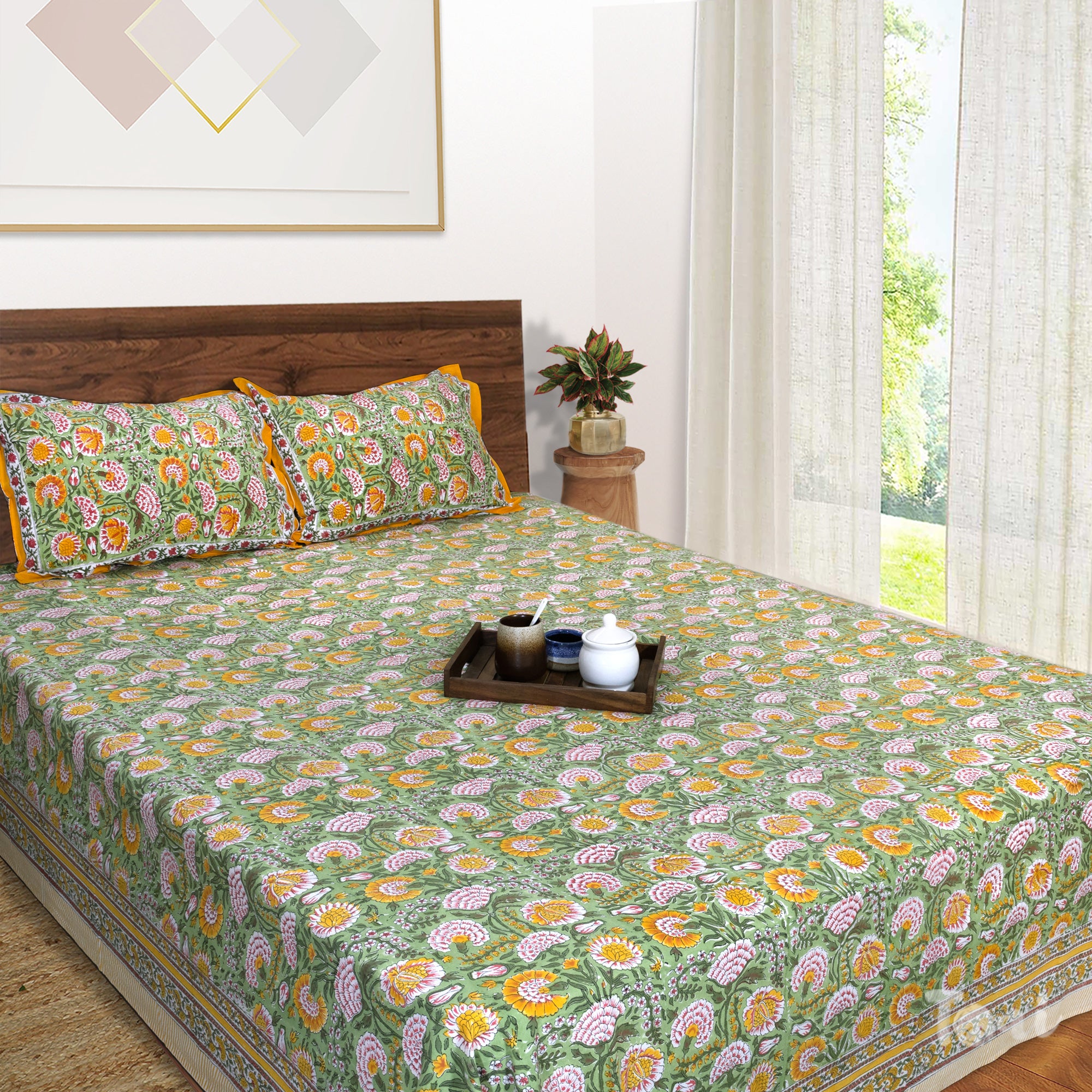 Yellow Pink Florals on Green | Fine Quality Bedsheet