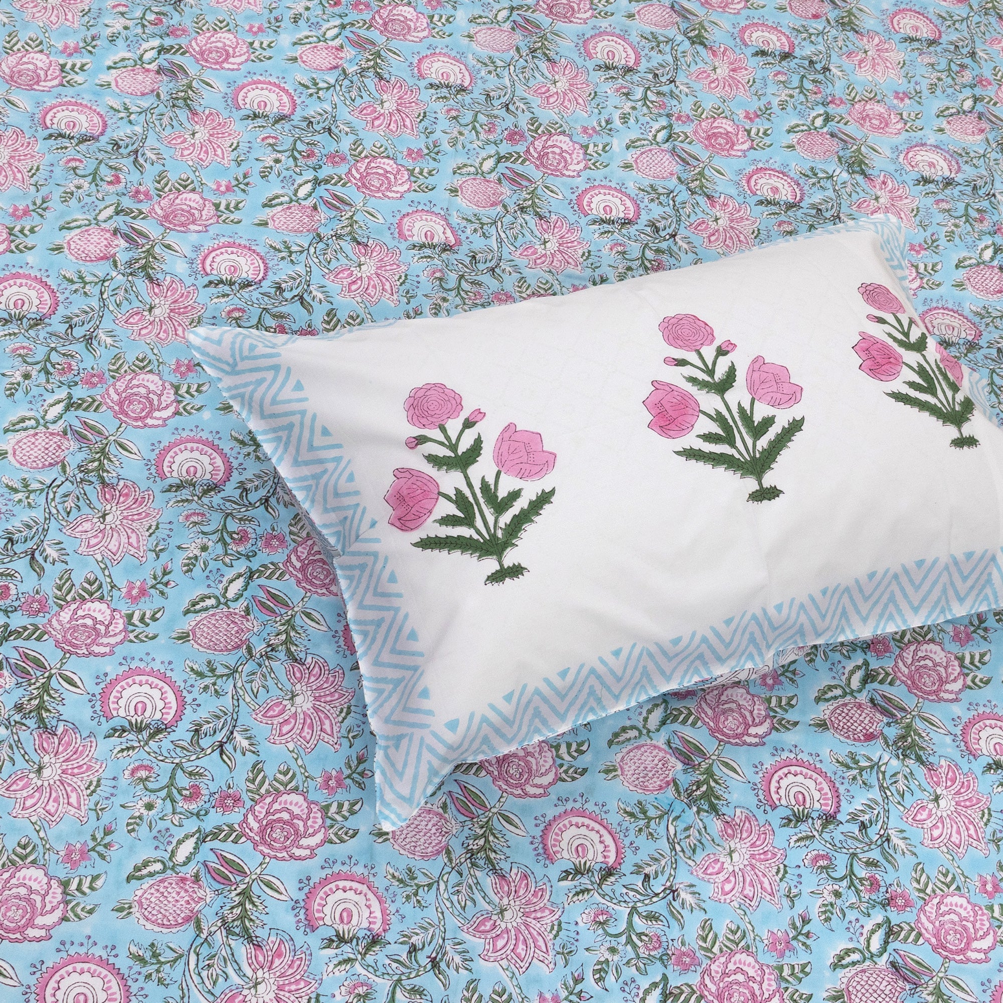 Pink Florals on Blue  |  Premium Bedsheet