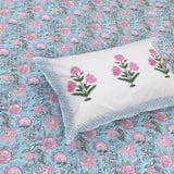 Pink Florals on Blue  |  300TC Mercerized Cotton Bedsheet