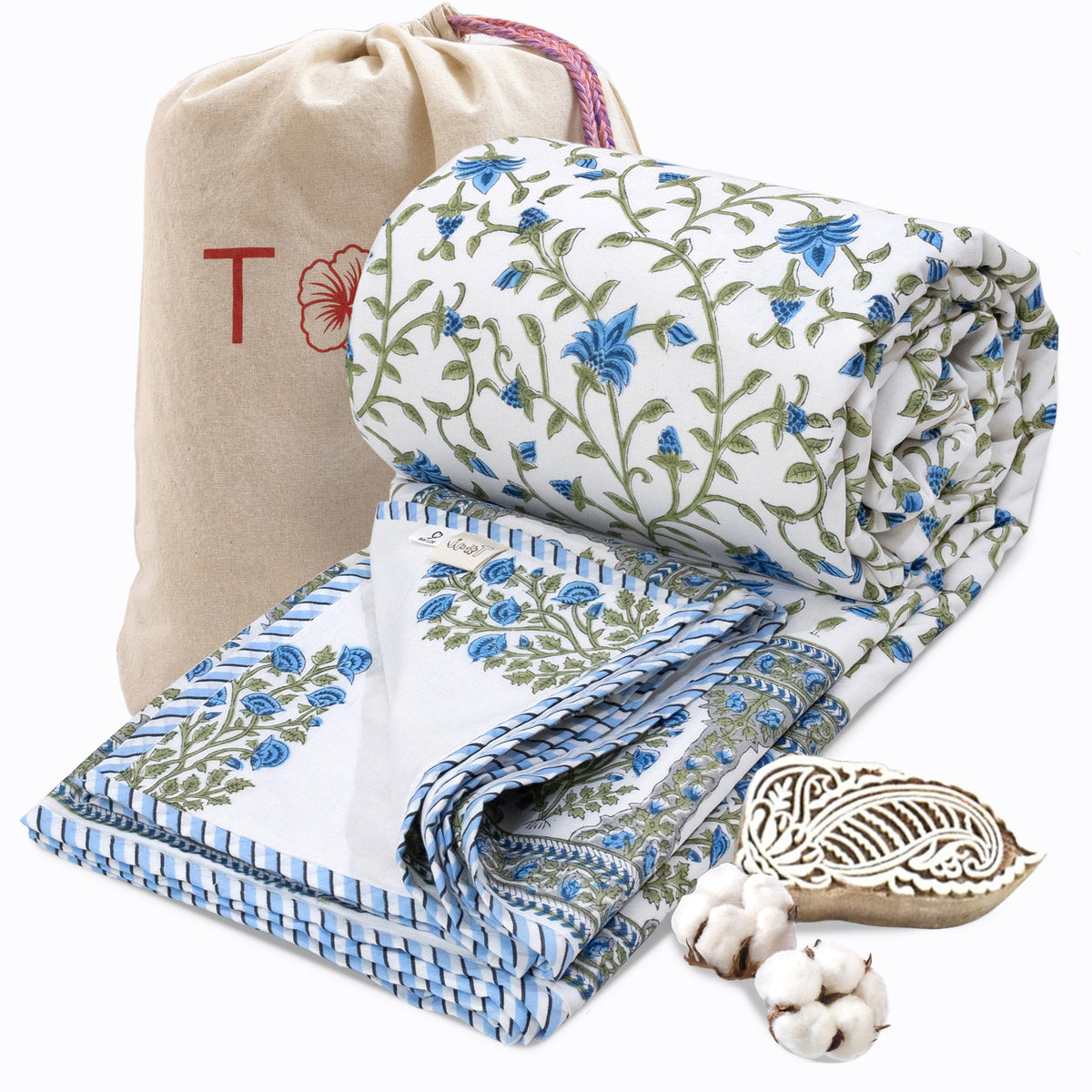 White Blue Florals | Dohar | Summer Blanket